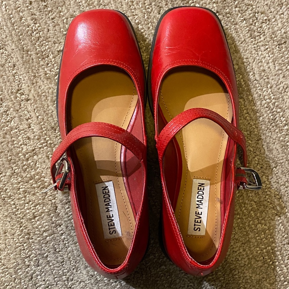 Steve Madden Red Leather Mary Jane Flats with Buckle Strap
